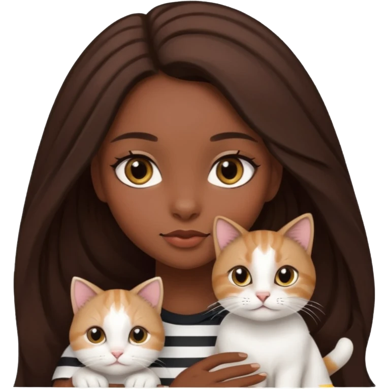 a dark-skinned girl with long brown hair, big brown eyes and a Scottish white cat with black stripes in her hands emoji