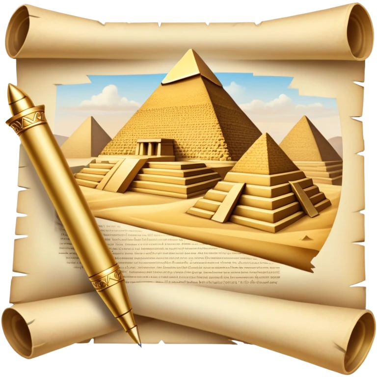 An icon showing a rolled parchment scroll, a quill pen, and ancient landmarks like pyramids and columns in the background. The design symbolizes the study of past civilizations, events, and heritage. Transparent background emphasizes the timeless exploration of human history. emoji