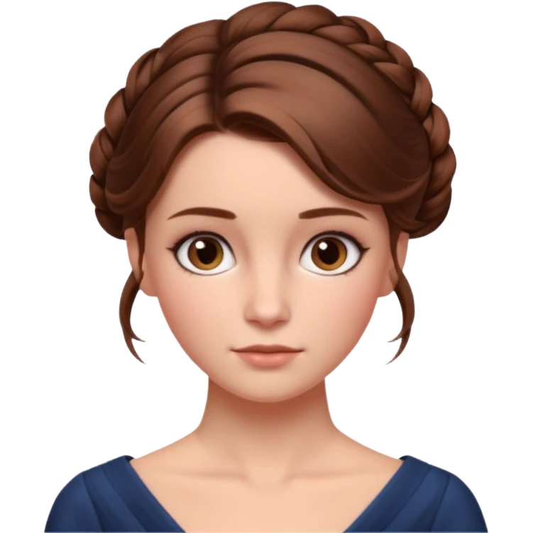 Cinematic Emma Darcy Realistic Portrait, depicted with lifelike skin texture, subtle rosy undertones, and soft natural lighting that enhances the gentle contours of her face. Her intricately detailed brown hair is elegantly styled in an updo, emoji