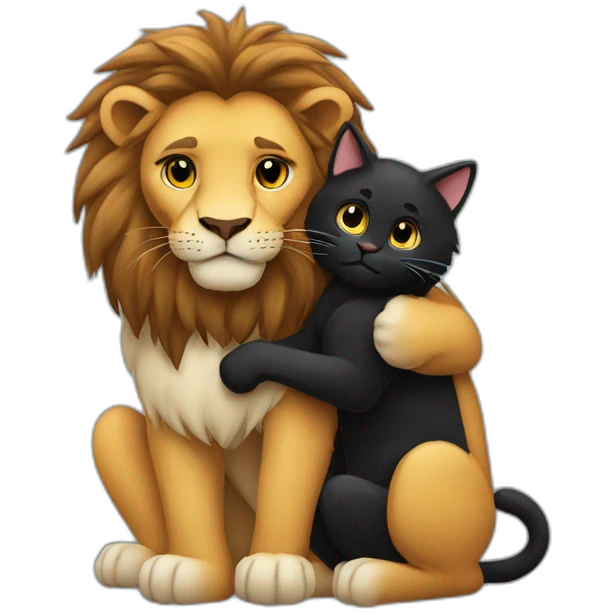 Lion and black cat hugging emoji
