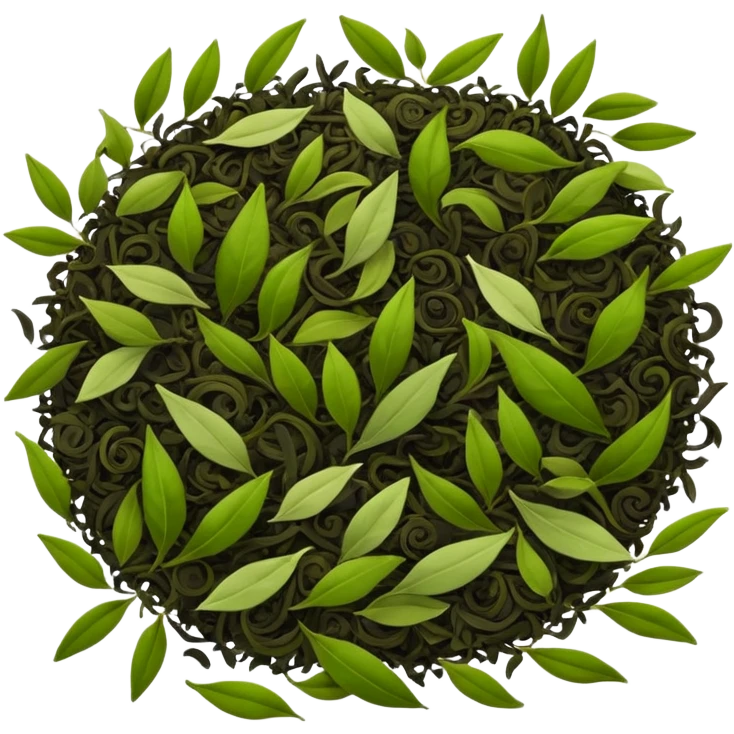 loose leaf tea, small pile, curled and broken leaves, dark brown, black, green, olive, dry and lightweight, fine texture, organic, minimal, no faces emoji
