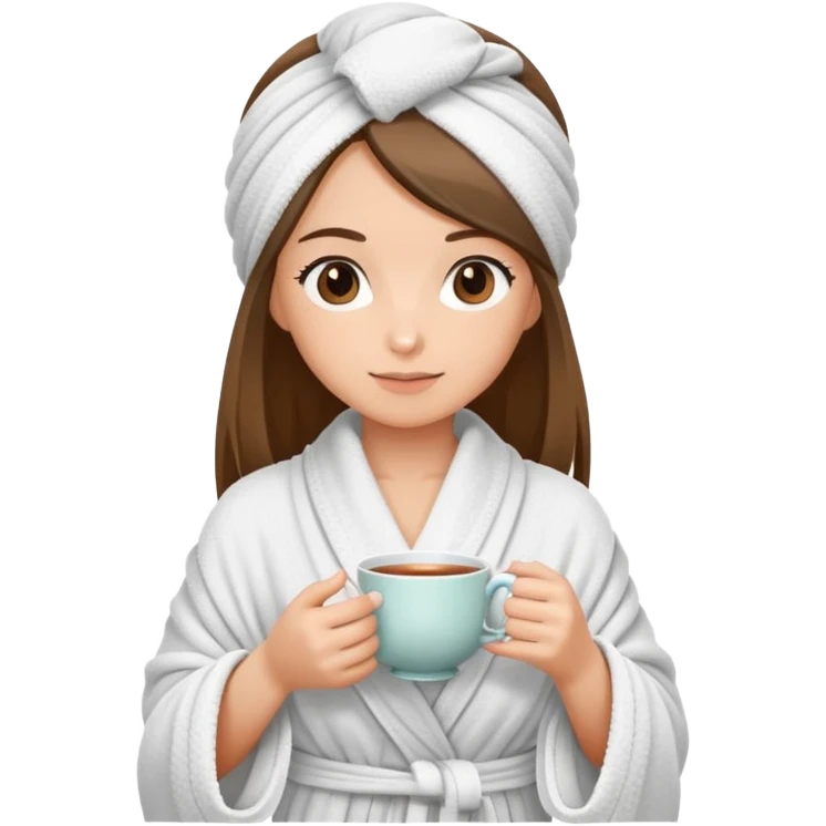 girl hair wrapped in towel wearing lobe holding tea with hands emoji