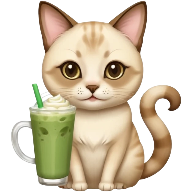 Happy Siamese Cat holding in its front two paws an iced matcha latte emoji
