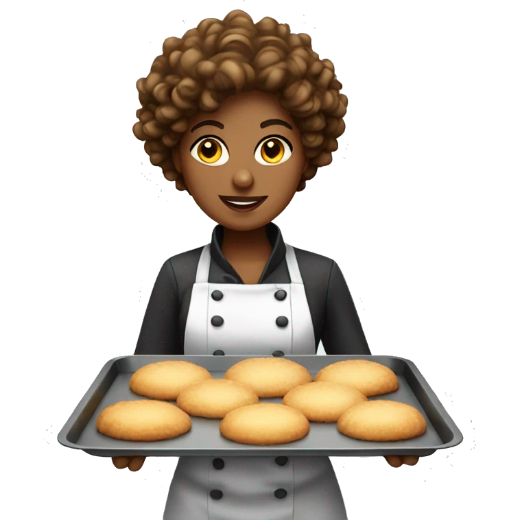 curly female pastry chef standing up holding a baking tray emoji