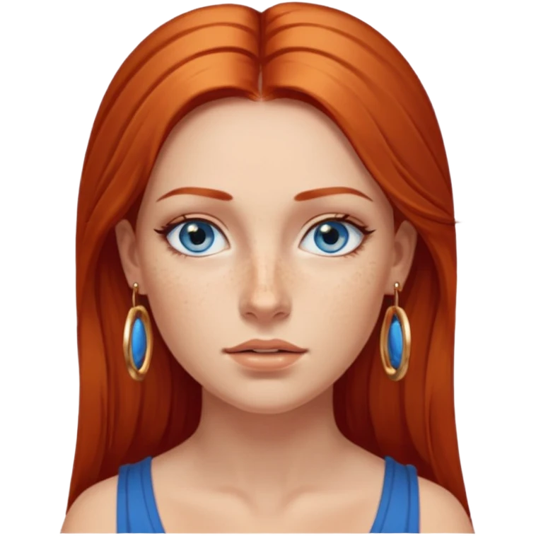 Attractive Greek woman with a wide face, freckles, Long straight amber-red hair and gold hoop earrings and blue eyes emoji