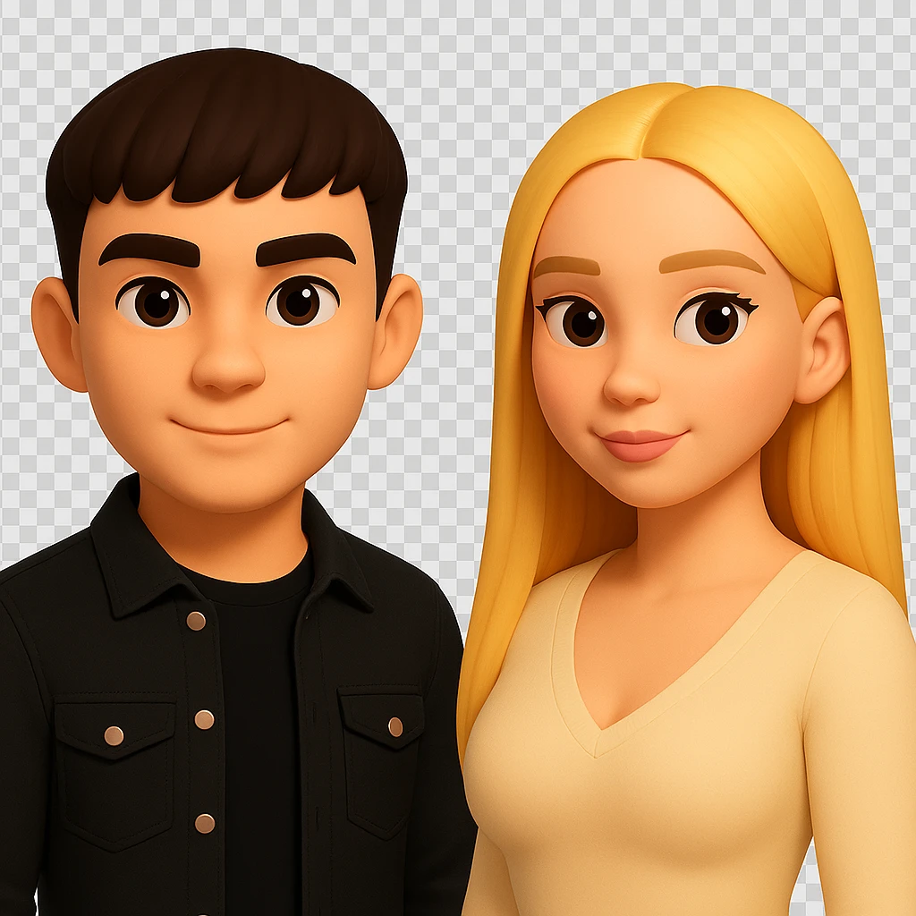 Slightly increase the volume of the upper body of the girl, separate the girl and the boy from each other, make the skin color the same for both. Keep the cartoonish 3D style and maintain the transparent background. emoji