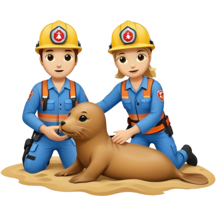 Rescue workers with helmets saving sea lion emoji