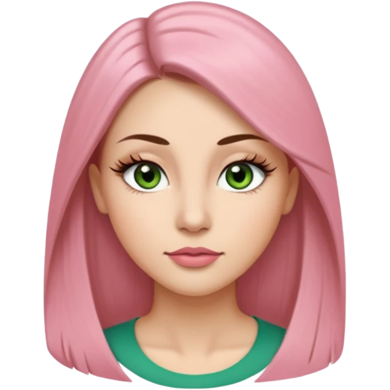 Adult woman avatar, light skin tone, oval face, long straight brown hair, green almond-shaped eyes with dramatic eyelashes and minimal eyeliner, neutral mouth, medium straight eyebrows, small nose, natural pink lips, smooth skin with light natural blush emoji