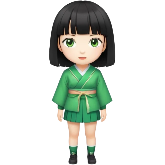 Japanese girl with short black hair and bangs, wearing a Jirai Kei outfit, green eyes, standing pose emoji