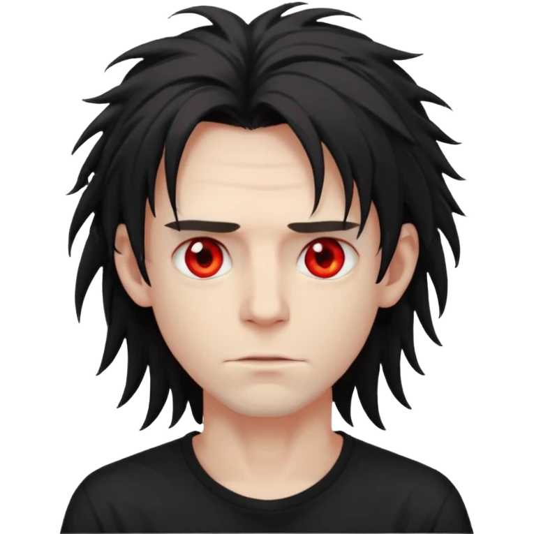 Парень с бледной кожей и красными глазами,  чёрные длинные растрёпанные волосы до ушей, в черной футболке  emoji