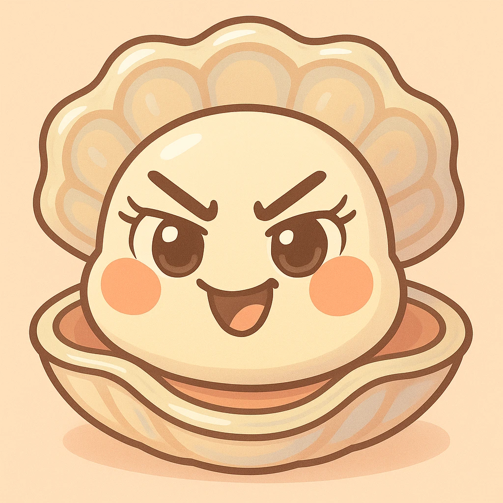 Enhance the oyster's eyes to be more expressive and luminous with pretty eyelashes. Accentuate pastel, pearly, cream, peach, and greige nuances. Keep the shell large and the oyster small. Maintain the pastel toon style, the background, and the mischievous expression. emoji