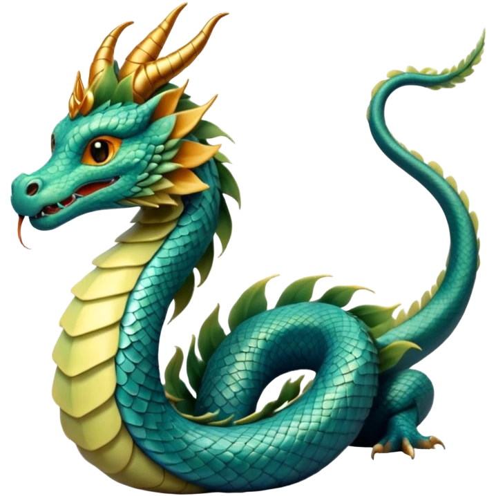  serpent dragon. Slim, serpentine body with smooth scales in soft blues and greens. Fluffy leaf plumes replace the tail fins, and a terracotta crown-like crest adorns its head. Gentle amber eyes. it should be similar to traditional chinese dragons. no legs. snake-like body. emoji