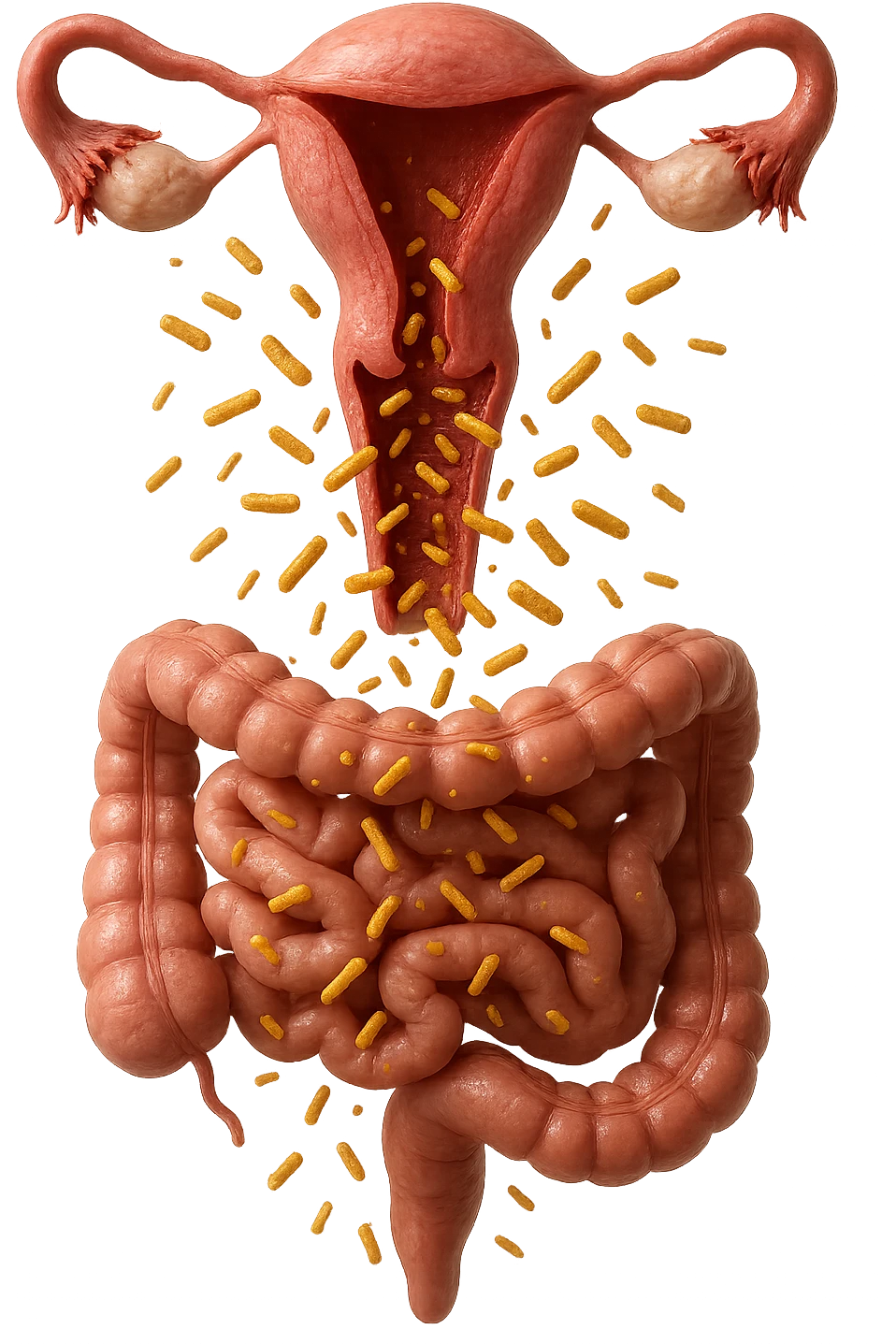 UTERO UMANO E INTESTINO ANATOMICI REALISTICI SONO UNO SOPRA ALL'ALTRO E SI PASSANO I BATTERI A VICENDA, CON BATTERI CHE ESCONO DALL'INTERNO, IPERREALISTICO 4K, NON DISEGNATO emoji