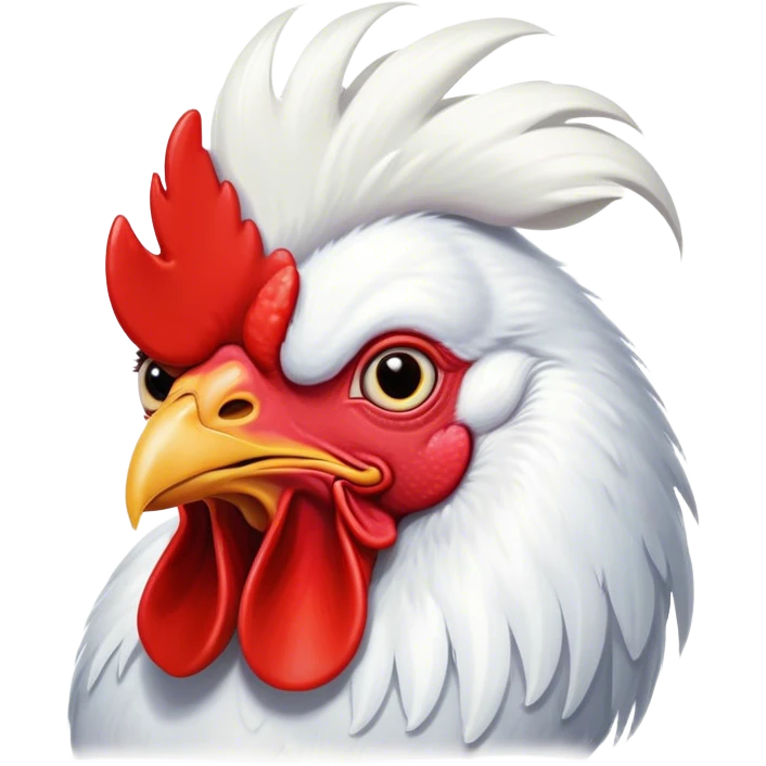 Cinematic Comical White Rooster Portrait Emoji, Head tilted dramatically with an exaggeratedly shocked or amused expression, featuring a striking pure white plumage with a bold red comb, wide, expressive eyes filled with playful disbelief, Simplified yet hilariously expressive features, highly detailed, glowing with a slightly sassy glow, high shine, dramatic yet playful, stylized with an air of cheeky mischief, bright and endearing, soft glowing outline, capturing the essence of a spirited and over-the-top rooster, so meme-worthy it feels like it could crow its way into internet fame instantly! emoji