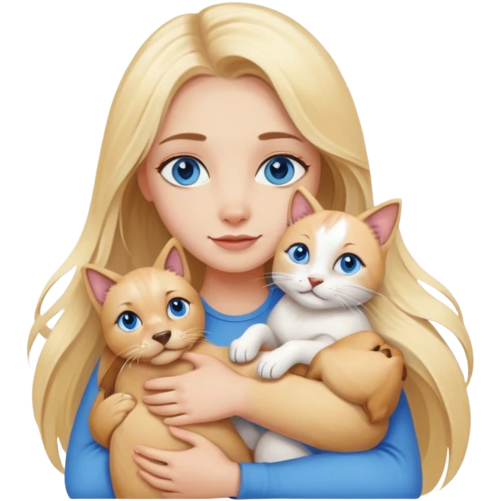 blonde woman with blue eyes and long blonde hair hugging dogs and cats   emoji