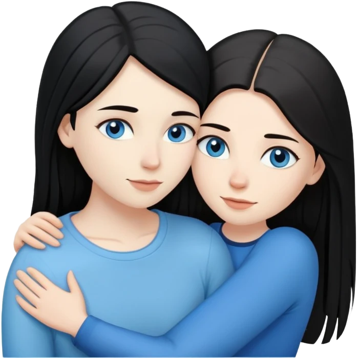 Lesbian couple with white skin. One with long straight black hair. One with long straight brown hair. Both with blue eyes. In a loving embrace emoji