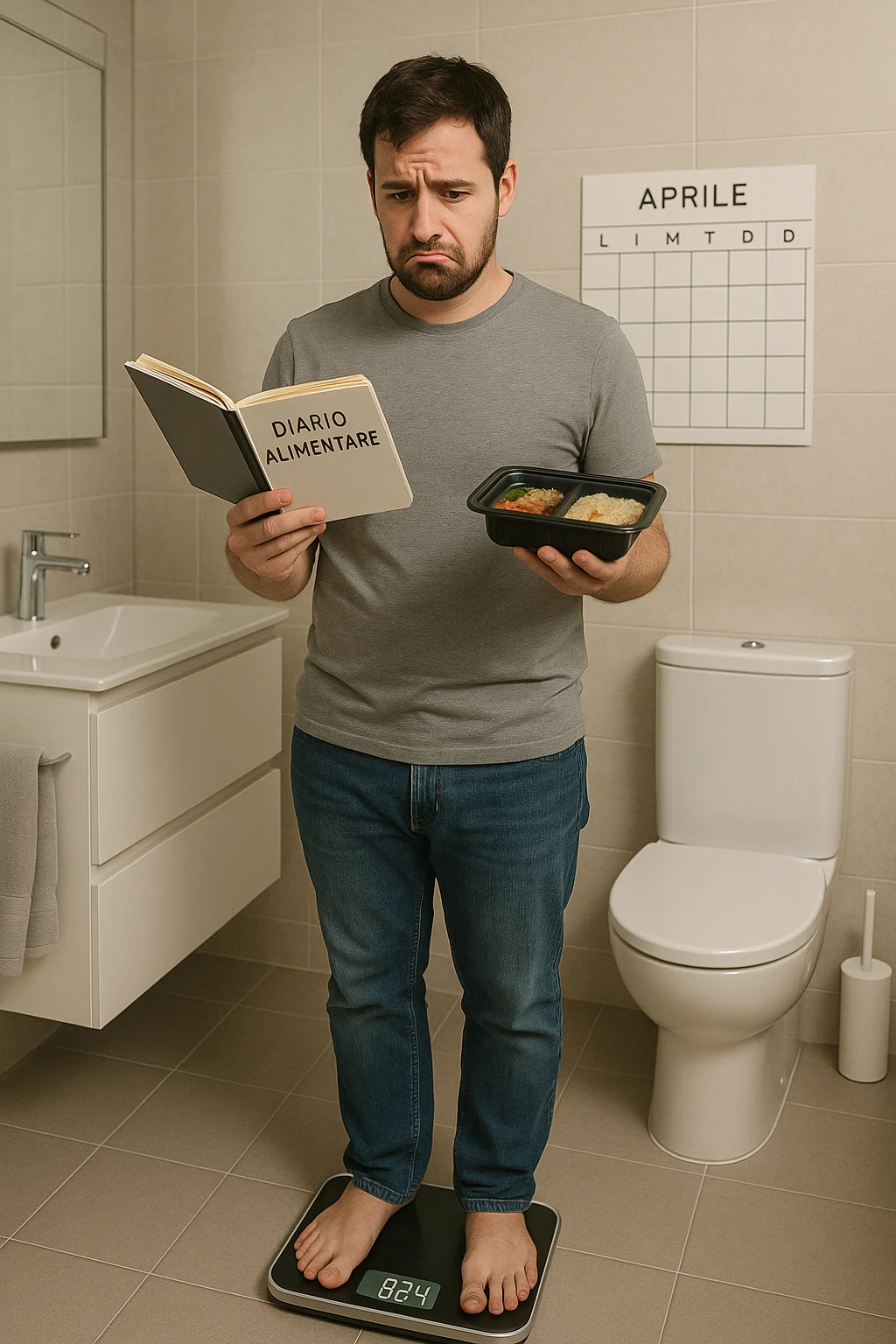 Uomo sulla trentina in piedi su una bilancia in bagno, con espressione delusa e confusa. In mano tiene un diario alimentare e un contenitore per i pasti già preparati, segno che sta seguendo una dieta. Dietro di lui un calendario con settimane segnate, ma senza cambiamenti. Il suo corpo appare identico a prima, senza progressi visibili. La bilancia digitale mostra lo stesso numero. Ambientazione pulita e moderna, toni neutri. Atmosfera di frustrazione e demotivazione, luce soffusa. scrivi tutti i testi in italiano emoji