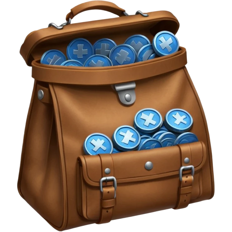 blue coins inside a brown leather bag  emoji