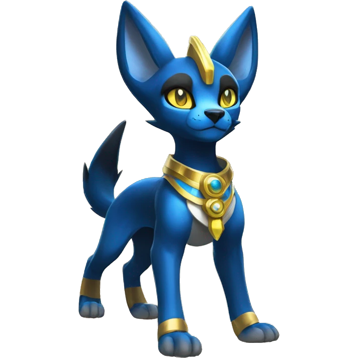 Black godly overpowered ethereal majestic Egyptian Lucario-Umbreon-Cat. Golden Anubis-Rings and yellow ring-markings. Full body emoji