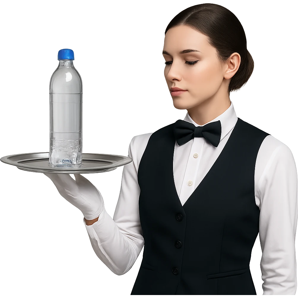 premium water bottle exposed on a premium plate by a high standard waitress emoji
