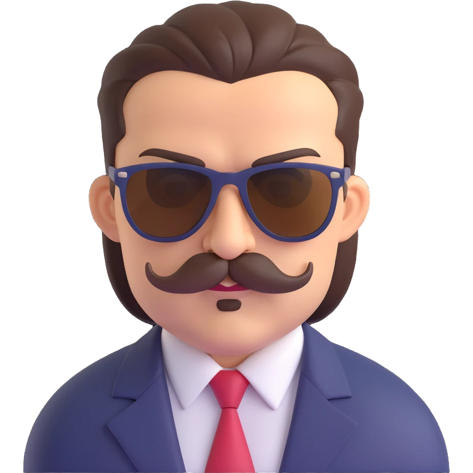 stylish mafia boss, brown slicked-back hair, thick mustache, sunglasses, intimidating presence emoji