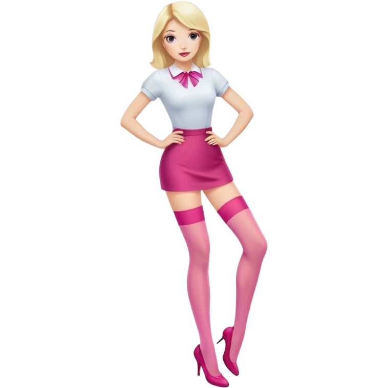 Fashionable blonde woman with pink nylon stockings, confident pose emoji