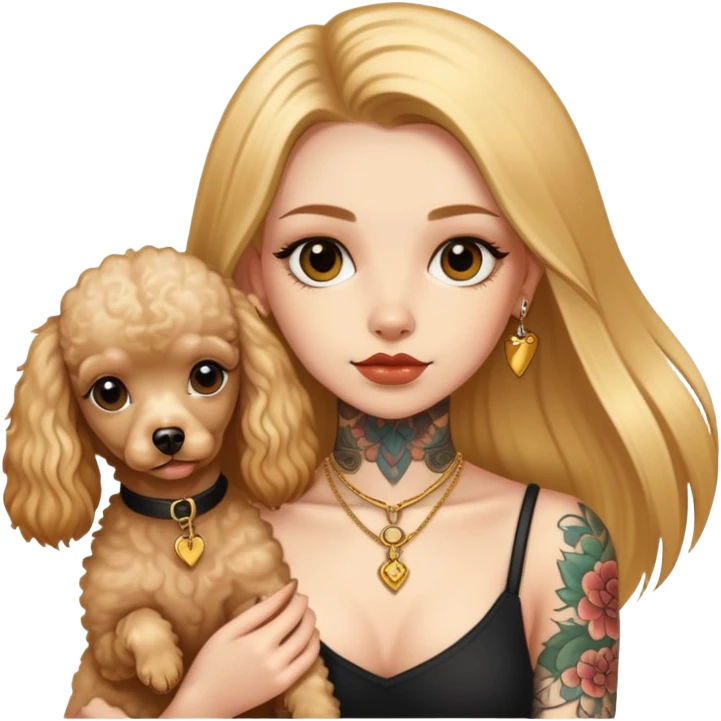 a  girl with glod  straight long hair and tattoos and two miniature poodles emoji
