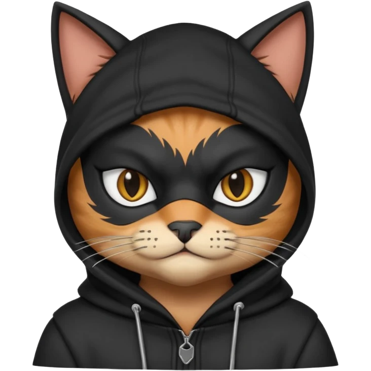 thief cat portrait, head and shoulders only, black mask markings, sly eyes, dark hoodie collar, mischievous expression, 3D cartoon, mobile game icon style, clean background, no text, no watermark
 emoji