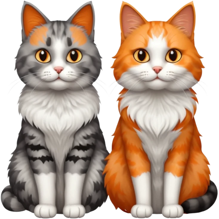 a very fluffy grey and white cat sitting next to another cat emoji