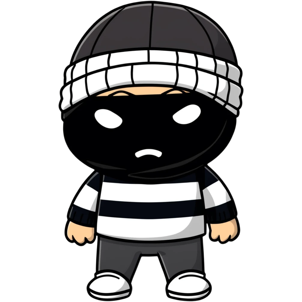 character with black and white striped shirt, black beanie, black mask over eyes emoji