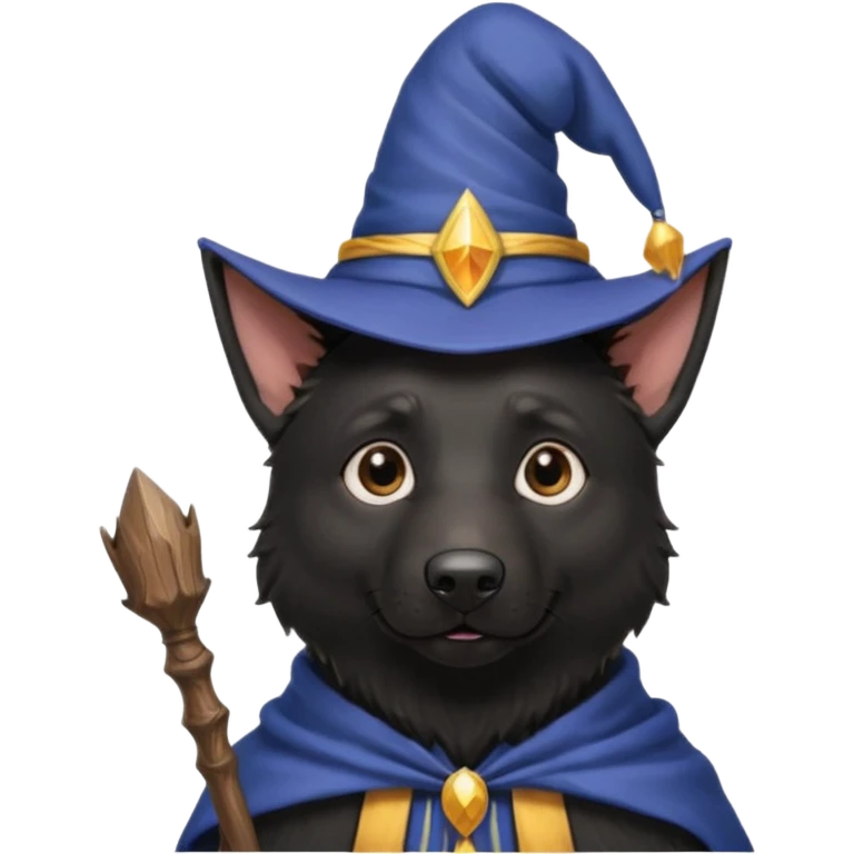 all black german shepherd face wearing a wizard hat and staff emoji