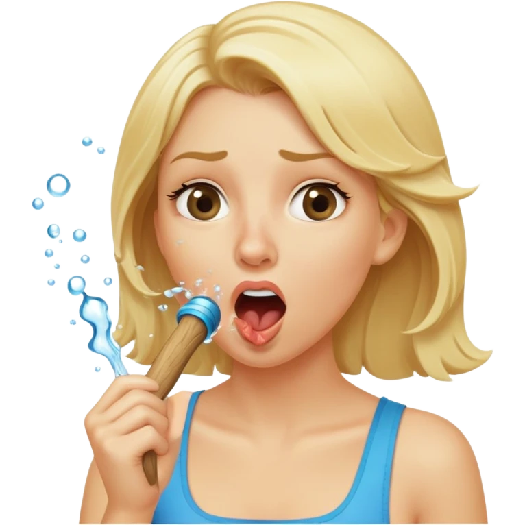 blond woman biting a wide stick with a D-shaped knob, both same color as her skin, knob with visible skin texture, water jet shooting from flat side of knob into her mouth, surprised look emoji