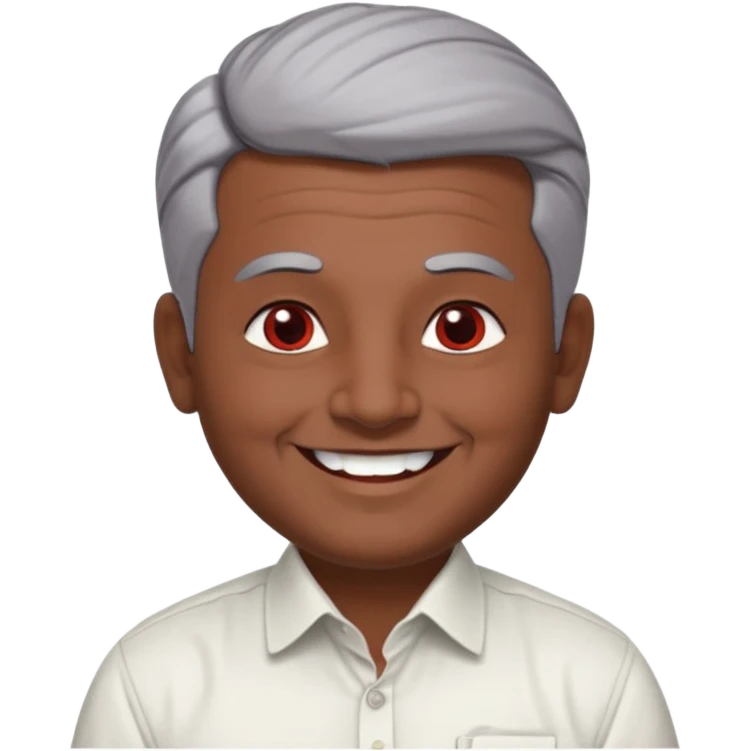 50 yr old indian man, dark skin, grey hair, big smile, white teeth, chubby, no moustache, clean shaven, young style hair, hair brushed back, 5 oclock shadow, bindy, dress shirt, forehead dot, chubby, religious, red dot, fancy hair, red dot emoji