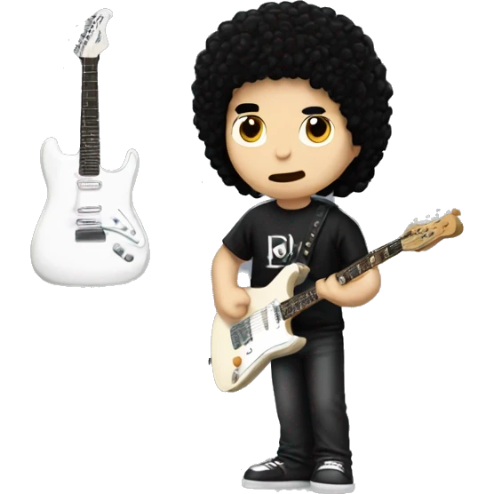 A guy with black hair and white skin and Electric guitar and metallica t shirt  emoji