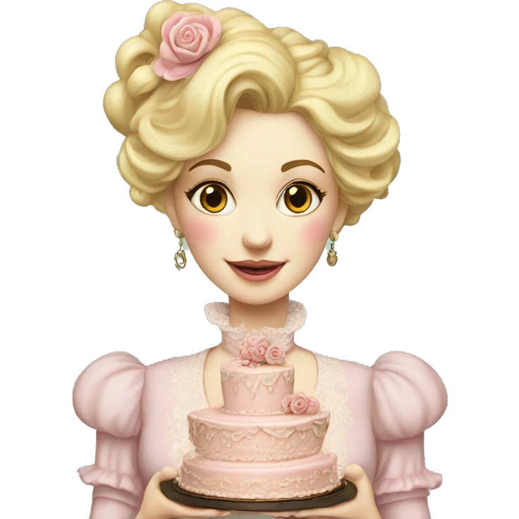 Blonde Woman holding a Vintage, highly detailed, rococo, Victorian, Birthday cake, pale pink, emoji