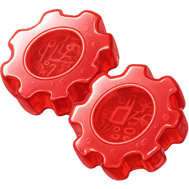 set of 2 round gears, shiny and metallic, glossy circuit style, all in red color emoji