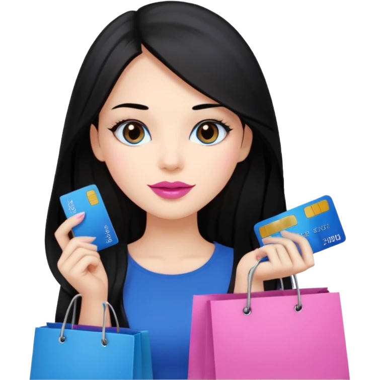 Girl with long black hair, pink lipstick, brown eyes holding shopping bags and blue credit card emoji