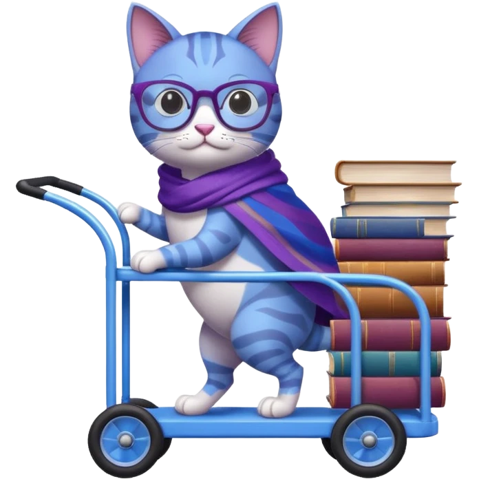 Purple and blue cat, with glasses and a shawl, pushing a 4 wheeled cart full of books emoji