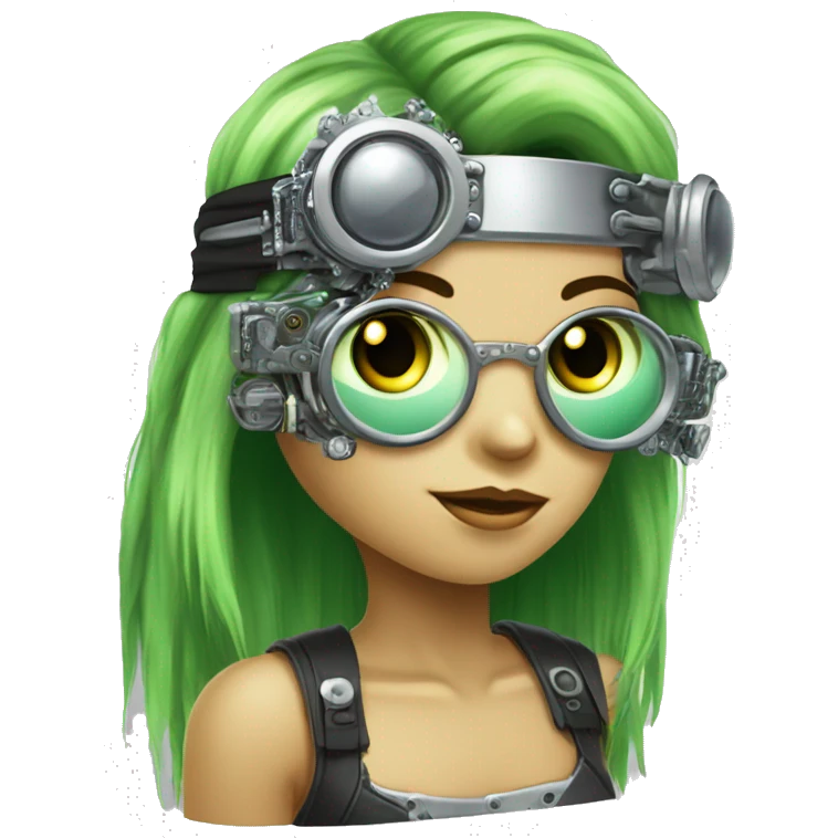 Light green long hair female cyborg head with silver steampunk goggles as a headband, circuits emoji
