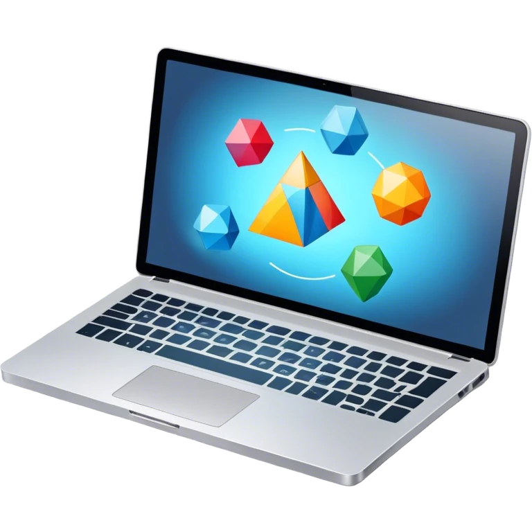 Professional icon for Graphic Design: a laptop with Photoshop open on the screen, displaying geometric shapes like spheres, cubes, and pyramids, along with a stylus. The icon should reflect the creative process in graphic design. Transparent background. emoji