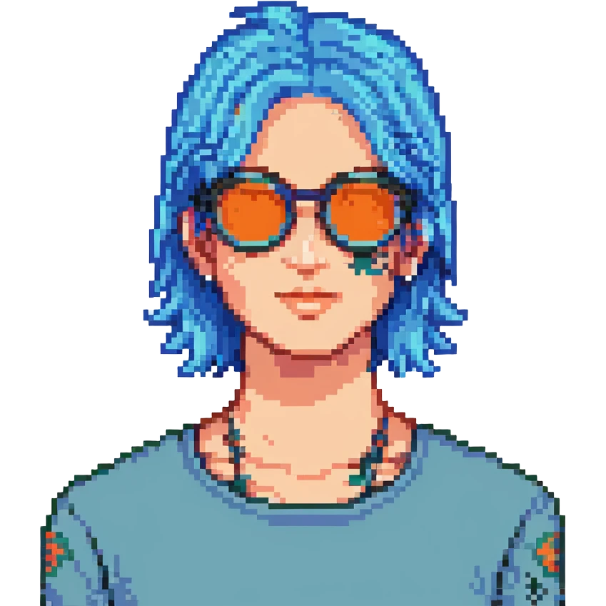 person with blue hair, glasses, and a visible tattoo, pixel art style emoji