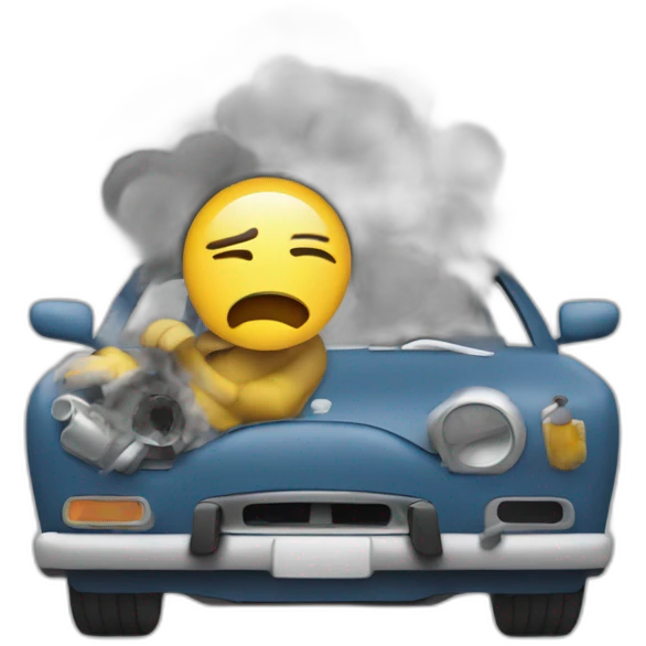 A frustrated user in a broken car, that is expelling smoke from the engine emoji