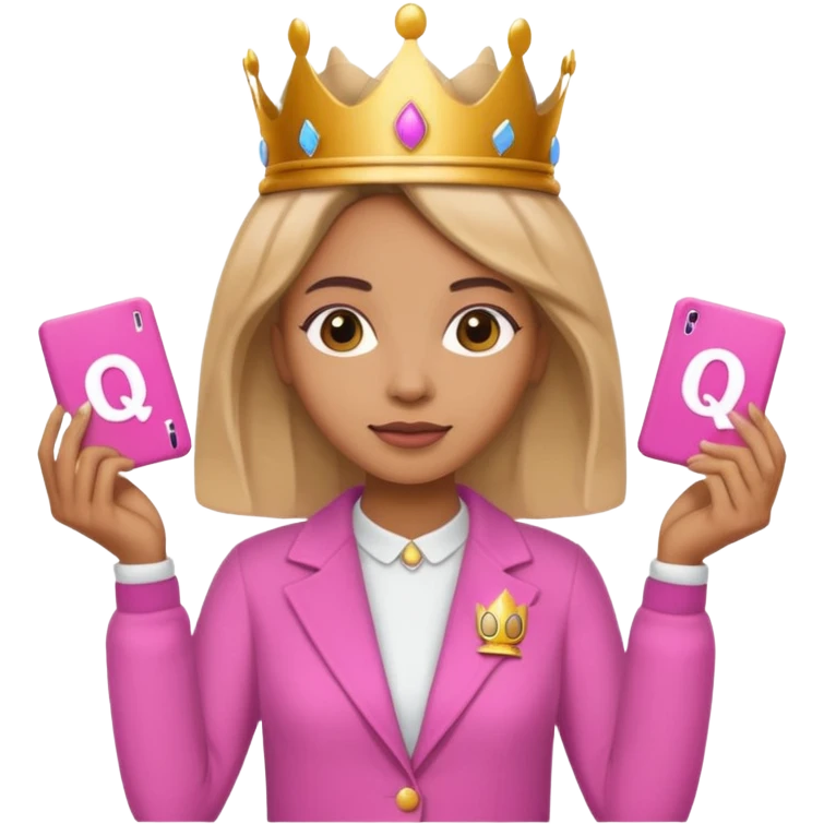 Crear una reina morena clara con ropa rosa sosteniendo la palabra Queen en sus manos emoji