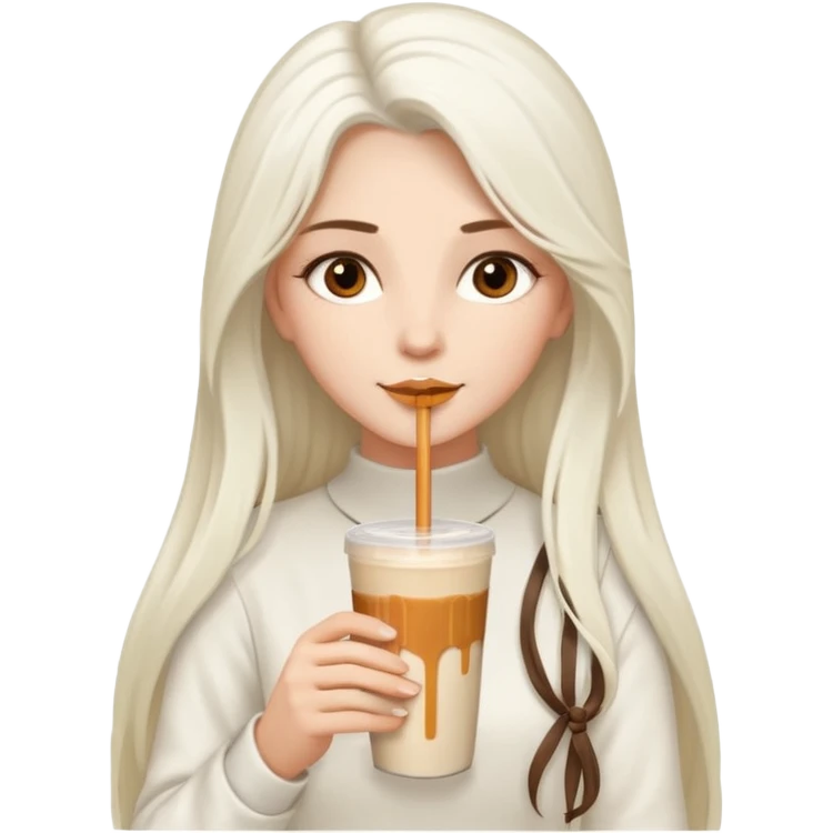 white long haired brunette with brown eyes and a white outfit, drinking a caramel machiatto emoji