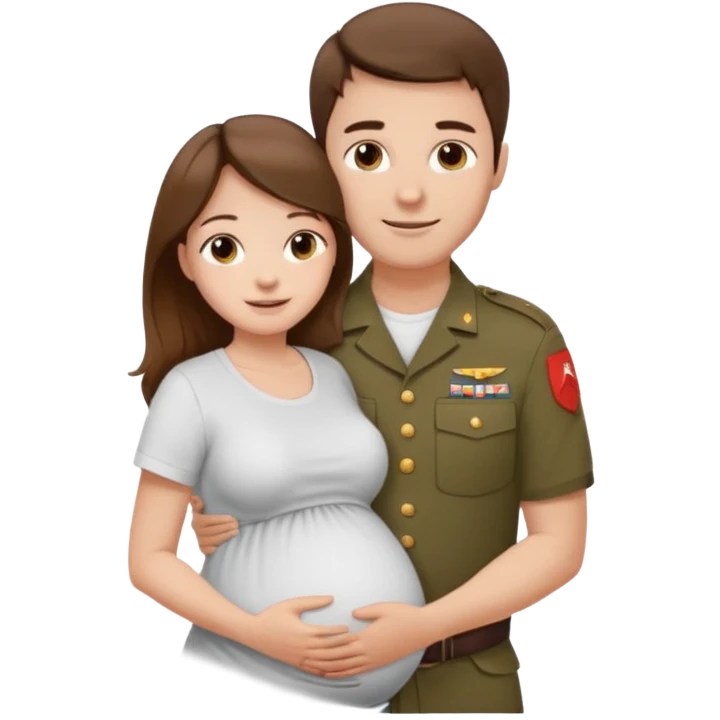 
"Pregnant woman with long brown hair and fair skin wearing a t shirt white. And man with short brown hair and fair skin (without a mustache), wearing a brown military uniform, hugging and smiling."
 emoji