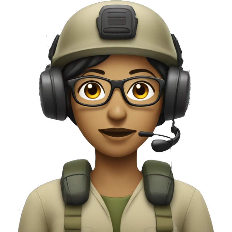 operator dressed in khaki color with a milatary helmet, with glasses, with headset, preferably female black emoji