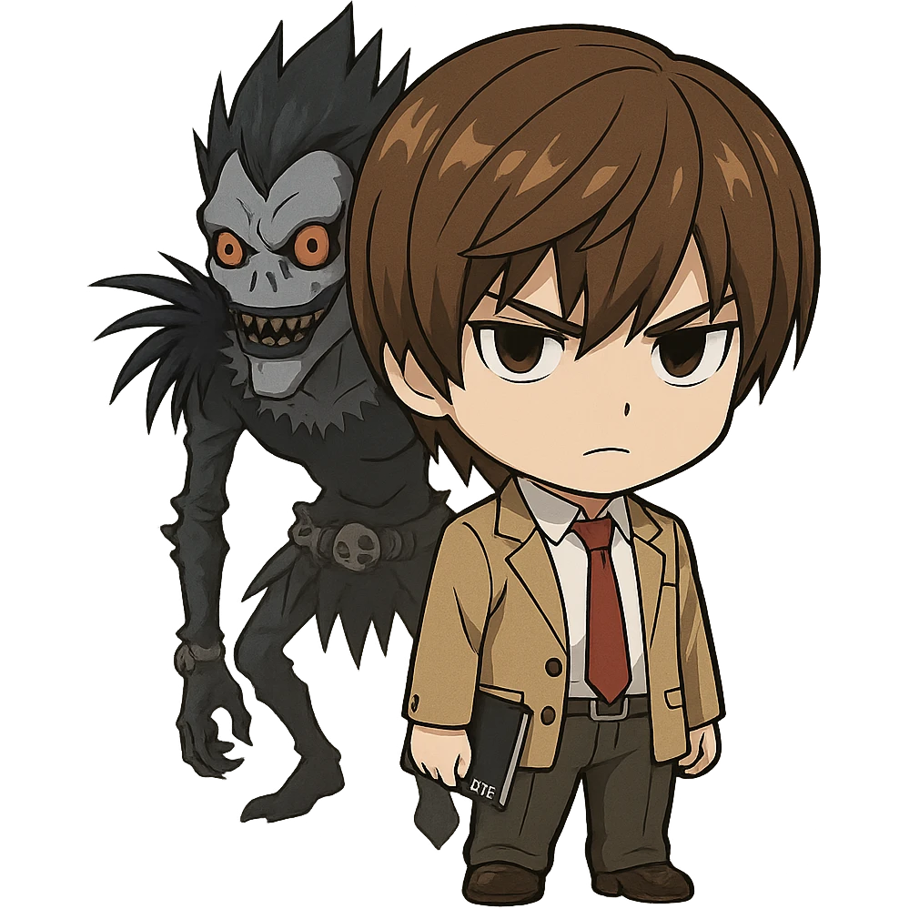 chibi style Light Yagami from Death Note serious expression, Ryuk looming in the background, brown hair, school uniform emoji