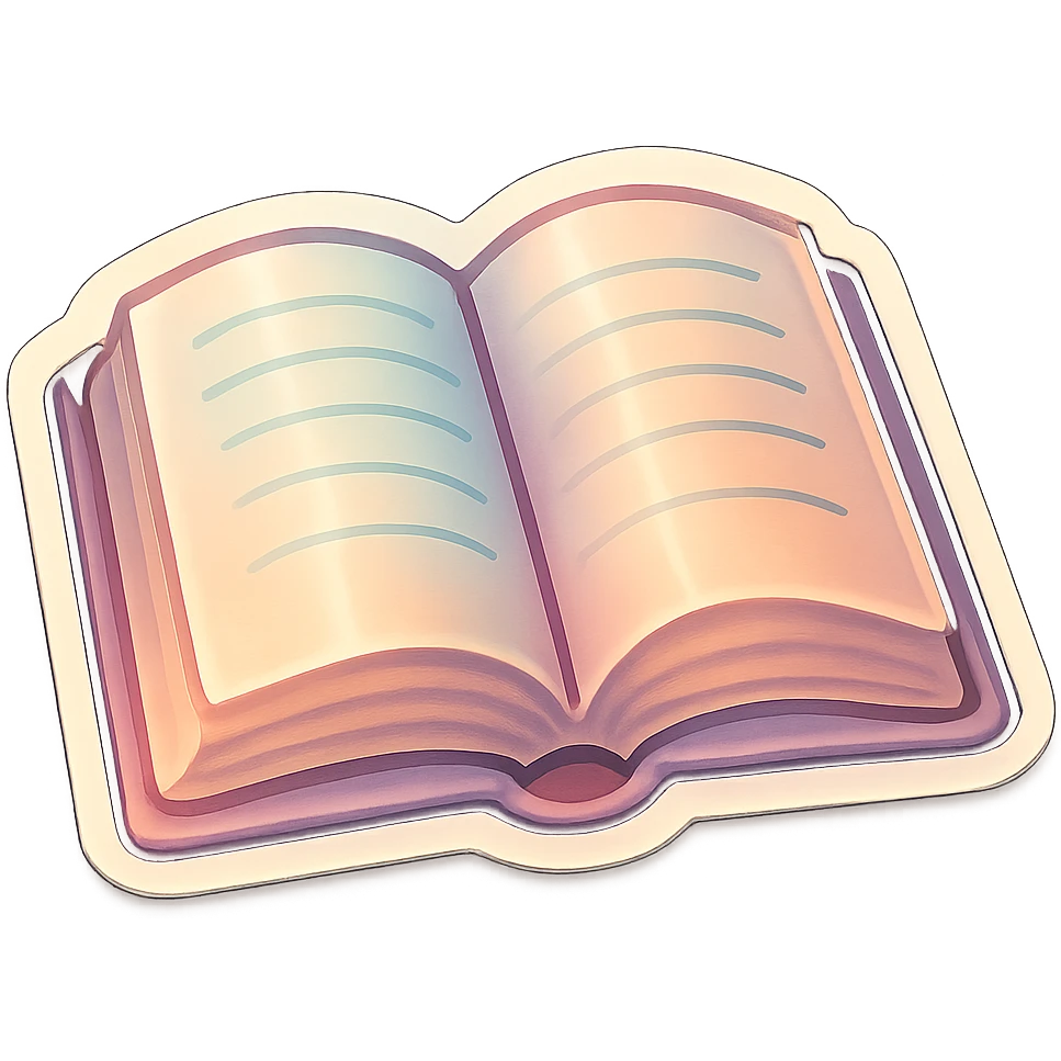 realistic open book with detailed shadows and highlights, soft lighting, retro stickers style, pastel palette #98B5BC, #B5B3C1, #C9A3C9, #E4C0CA, #F7DCD1, #F7C0AA, transparent background, no decorative elements emoji