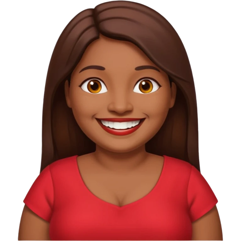 50 yr old chubby Sri Lankan woman, dark skin, straight brown hair, big smile, white teeth, red dress clothes, longer hair straight, big teeth emoji