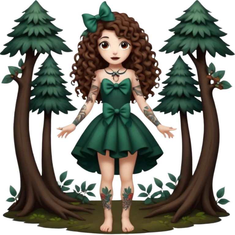 full body view of a woman with long curly brown hair, brown eyes, white skin, tattoos, playful bow like a dark forest performer emoji